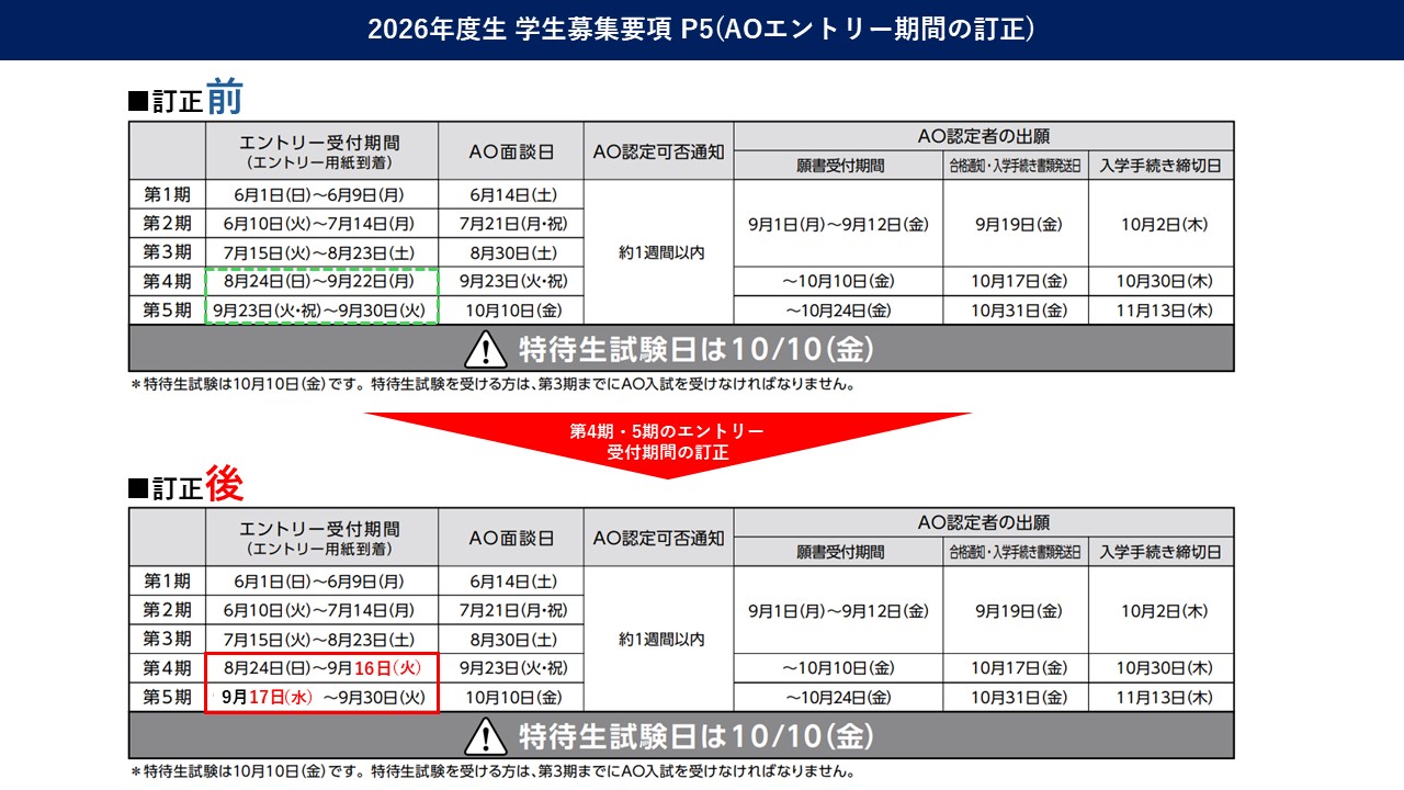 【重要】AO入試 エントリー受付期間の訂正（2026年4月入学）
