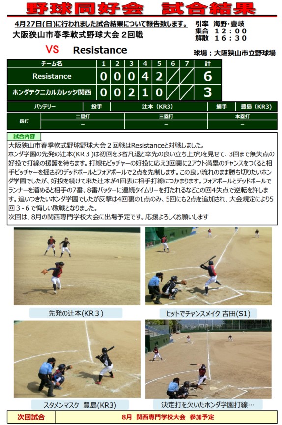 【部・同好会】野球同好会＠春季軟式野球大会２回戦（4月27日開催）